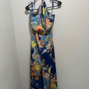 Guess Los Angeles Blue Floral Halter Maxi Dress Size L Backless Boho Summer
